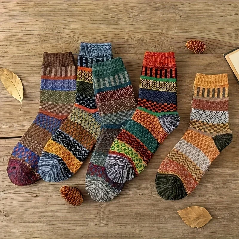 5 pairs of retro ethnic style  - Thermal Sock Winter avaliação e preço