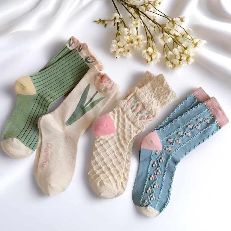 4Pairs Floral Socks Set Women  - No Show Sock Women avaliação e preço