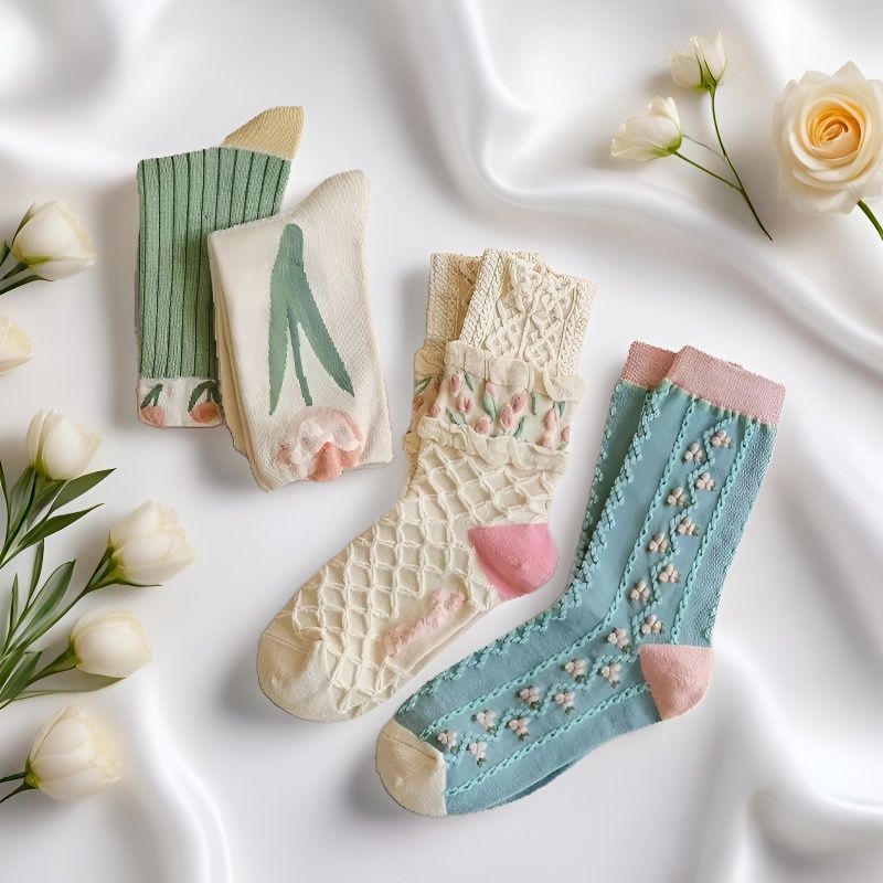 4Pairs Floral Socks Set Women  - No Show Sock Women avaliação e preço